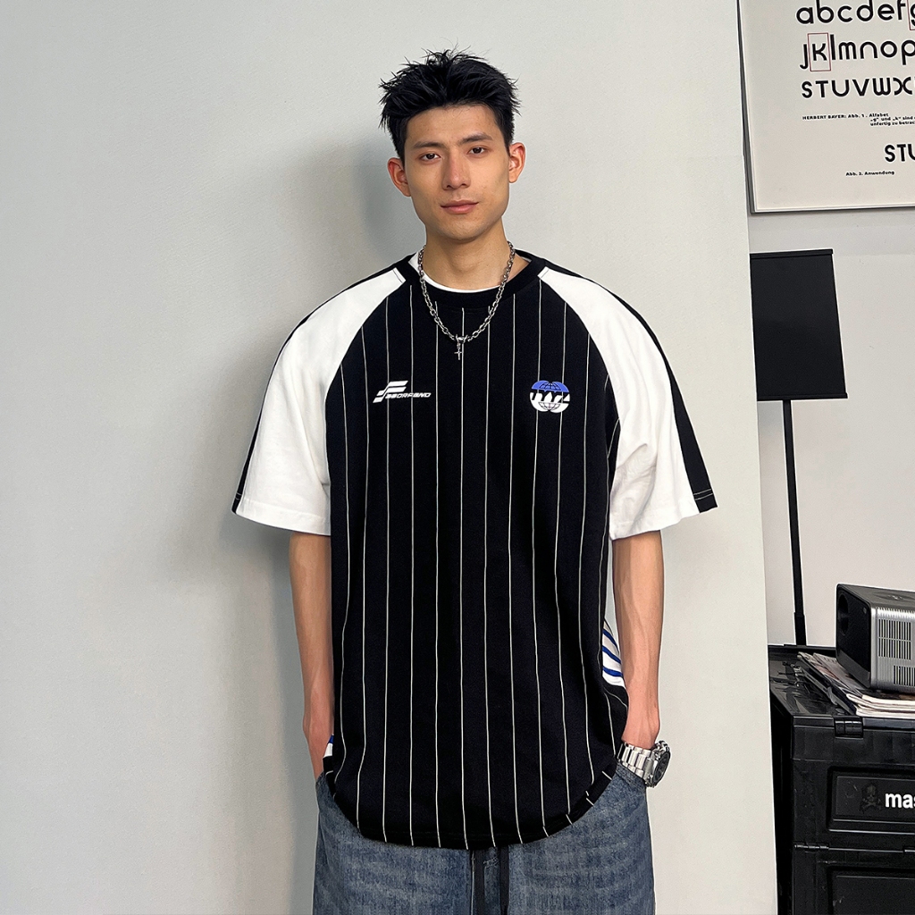 BeCoolMan american Streetแบรนด์ยอดนิยม ไหล่ สีผสม ลายทาง กีฬา แขนสั้นผู้ชาย เสื้อยืด ฮิปฮอป ถนน