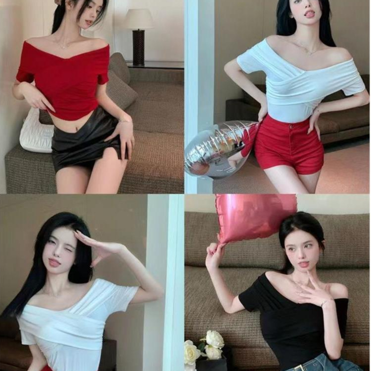 Luna Shop🍒 ไตล์ความปรารถนาที่บริสุทธิ์ข้ามคอวีปิดไหล่ยืดด้านบน🎀🎀เซ็กซี่ย้อนยุคด้านบน