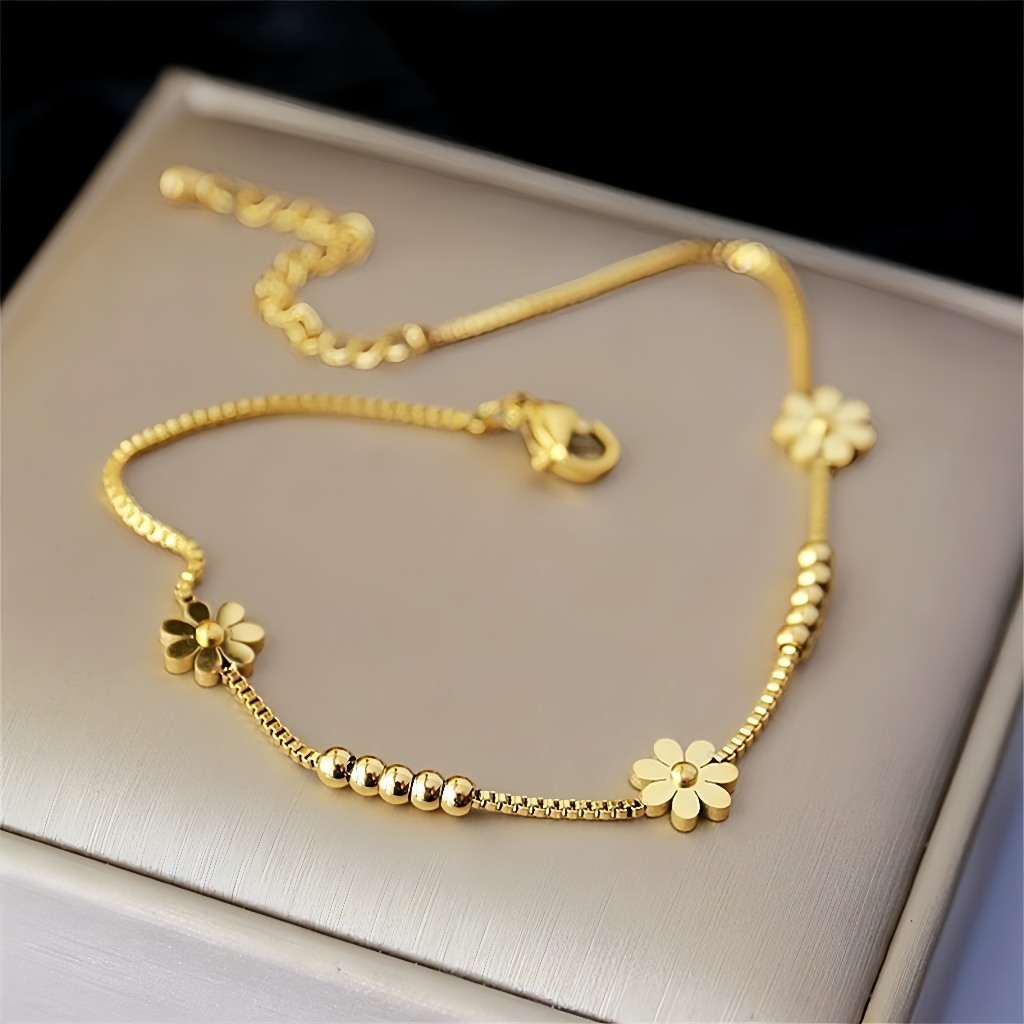 สร้อยข้อมือเหล็กไทเทเนียมเดซี่ขนาดเล็ก 24k Gold-Plated หรูหราสไตล์ใหม่ Niche Transfer ลูกปัดประณีตสร้อยข้อมือไม่ซีดจาง