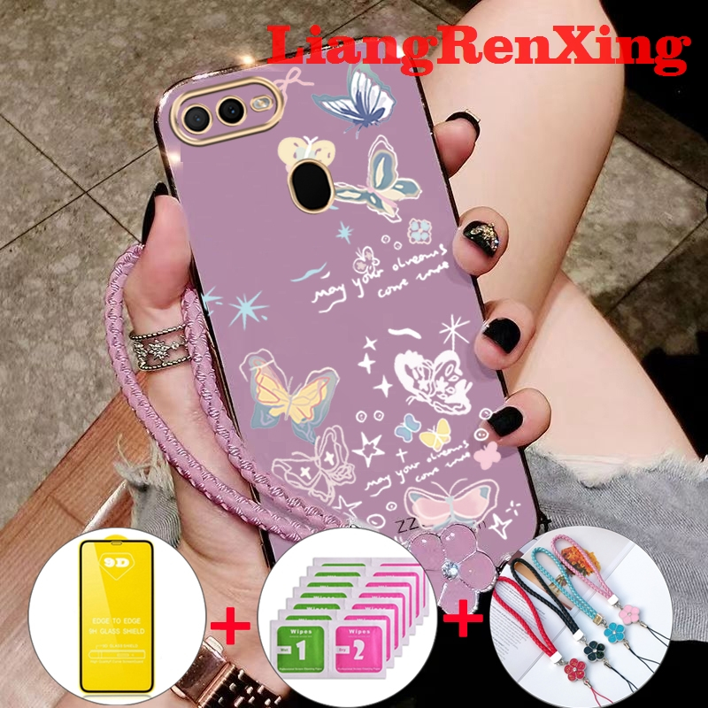 FREE กระจกนิรภัย เคส OPPO a5s OPPO a12 OPPO a7 OPPO a3s OPPO a12e OPPO F9 เคสโทรศัพท์ Softcase Electroplated ซิลิโคนกันกระแทกออกแบบใหม่ผีเสื้อการ์ตูน DDMZHD01