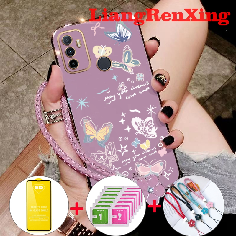 FREE กระจกนิรภัย เคส OPPO A53 2020 เคสโทรศัพท์ Softcase Electroplated ซิลิโคนกันกระแทก Protector Cover ดีไซน์ใหม่ผีเสื้อการ์ตูน DDMZHD01