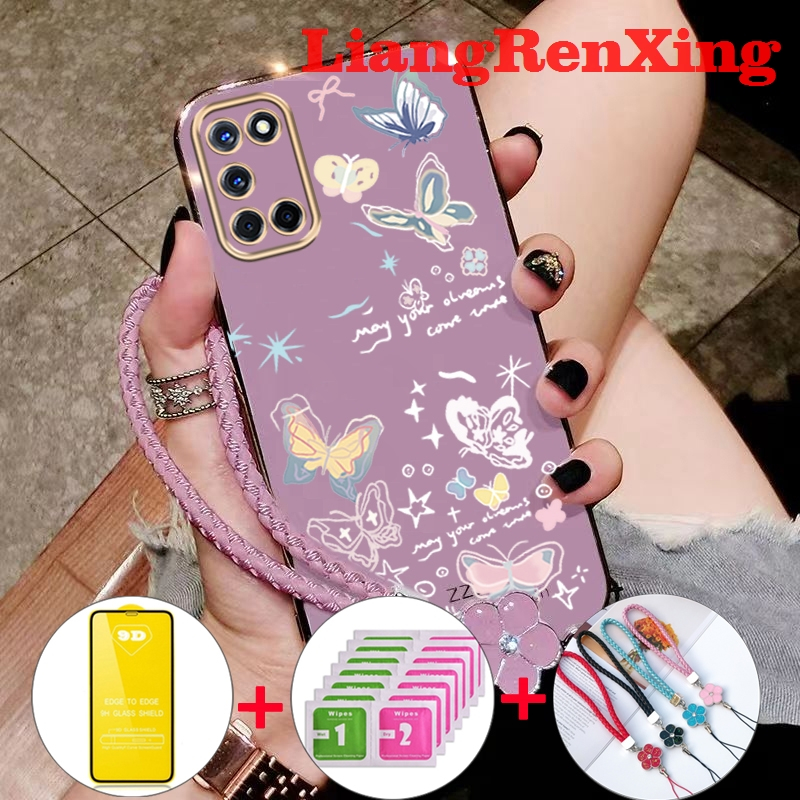 FREE กระจกนิรภัย เคส OPPO A92 OPPO A52 A74 5G เคสโทรศัพท์ Softcase Electroplated ซิลิโคนกันกระแทกฝาครอบป้องกันดีไซน์ใหม่ผีเสื้อการ์ตูน DDMZHD01