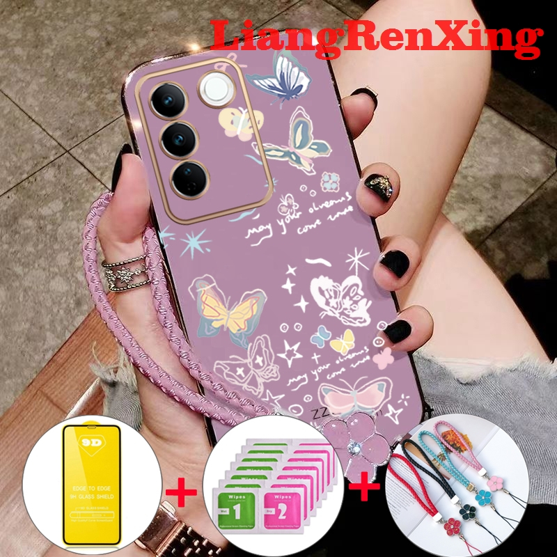 FREE กระจกนิรภัย เคส vivo v27 5g vivo V27e 2023 vivo Y100 v29e v29 5g 2023 เคสโทรศัพท์ Softcase ซิลิโคนเหลว Protector Smooth Cover ดีไซน์ใหม่ผีเสื้อการ์ตูน DDMZHD01