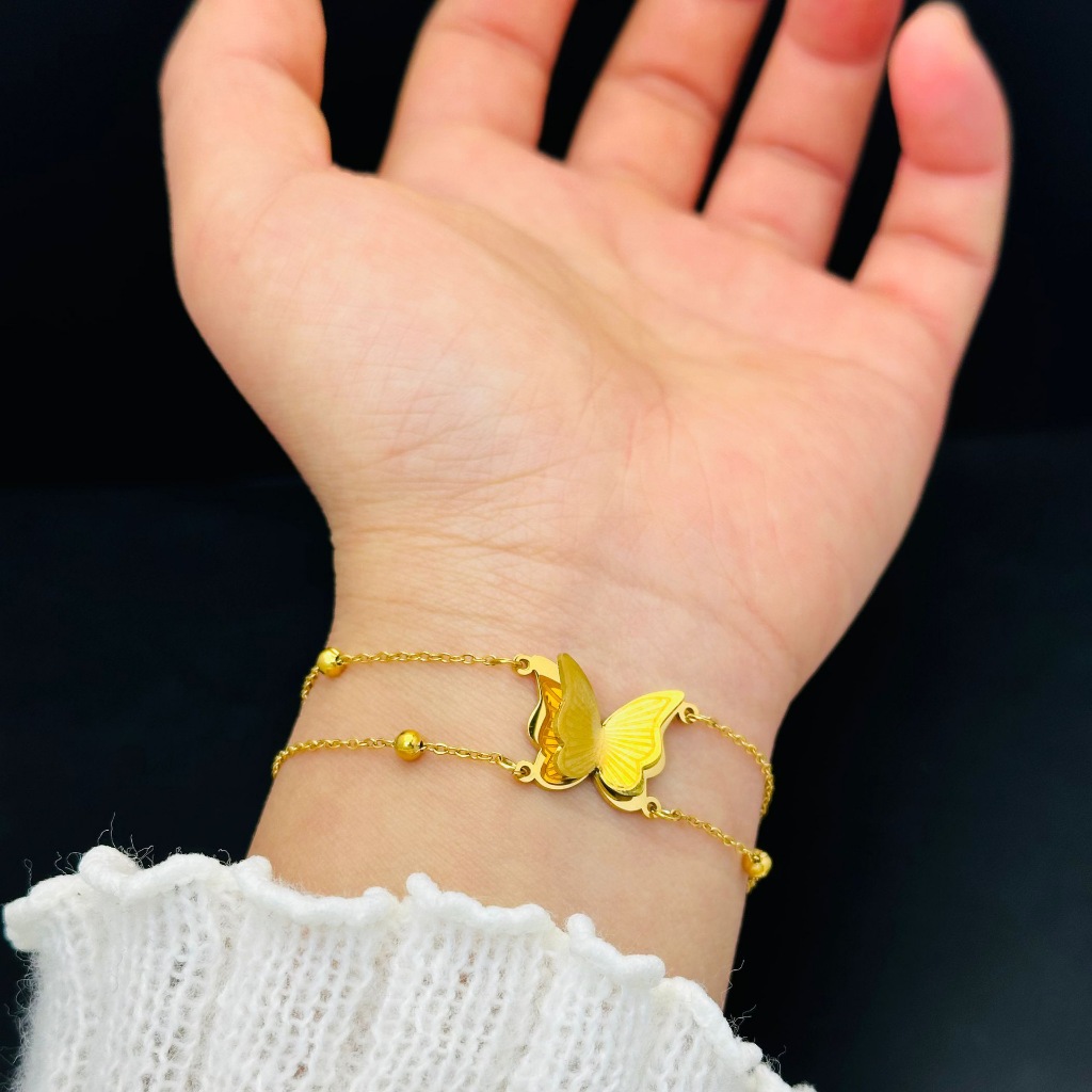 Ht สร้อยข้อมือผีเสื้อสแตนเลสสองชั้นหญิง Frosted ไทเทเนียมเหล็กชุบสร้อยข้อมือทอง 18K จะไม่จางหาย