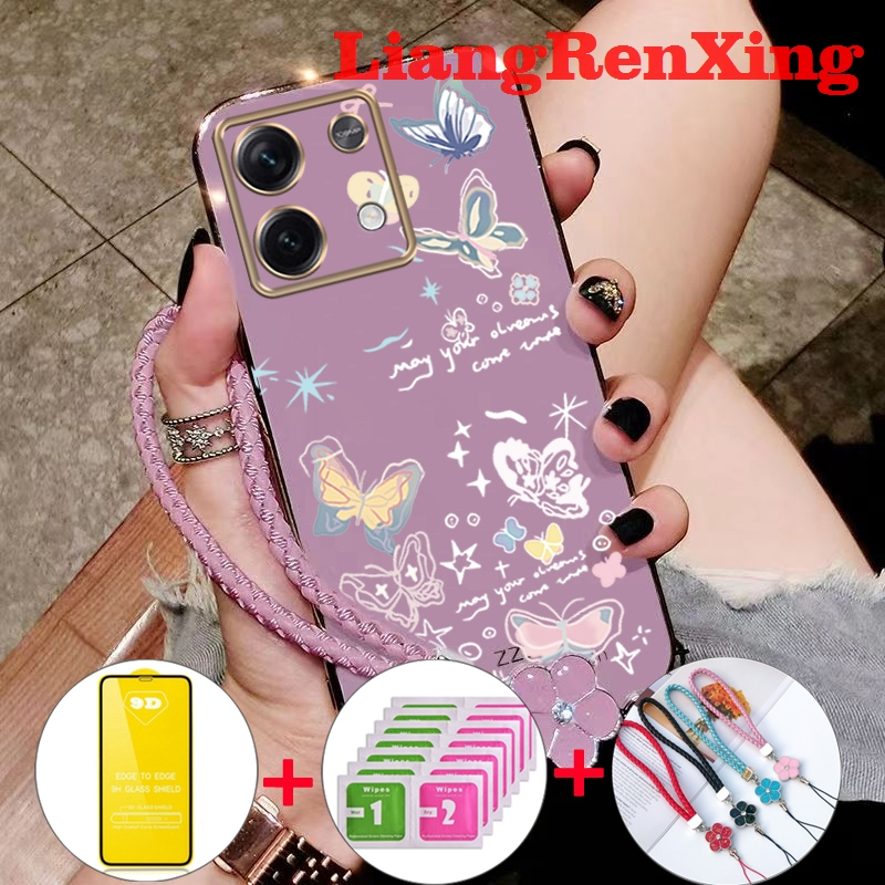 FREEกระจกนิรภัย เคส Redmi NOTE 13 4G 2023 REDMI NOTE 13 PRO 5G เคสโทรศัพท์ Softcase ซิลิโคน Protector Smooth กันกระแทกฝาครอบกันชนดีไซน์ใหม่ผีเสื้อการ์ตูน DDMZHD01