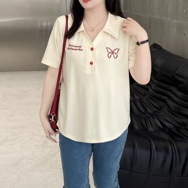 [L-4XL] เสื้อปักคอปก POLO V สําหรับผู้หญิงโอเวอร์ไซส์