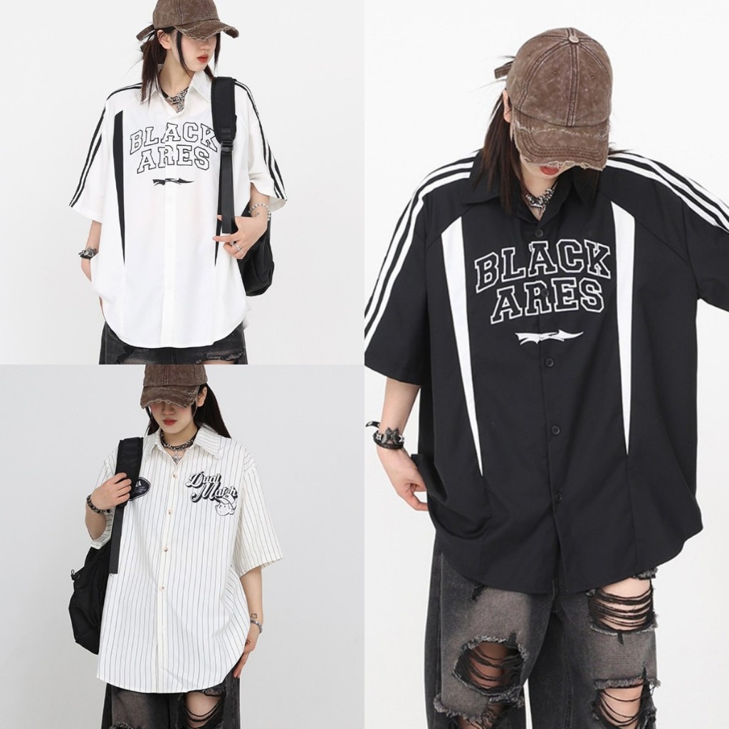 สไตล์เกาหลี ไม่จํากัดเพศ เสื้อเชิ้ตแขนสั้นมีกระดุม ขนาดใหญ่เกินไป เสื้อยืดหลวมฮิปฮอปเสื้อเบลาส์สตรีทสวมสําหรับผู้ชายและผู้หญิงเทรนด์สุดฮอต 2567