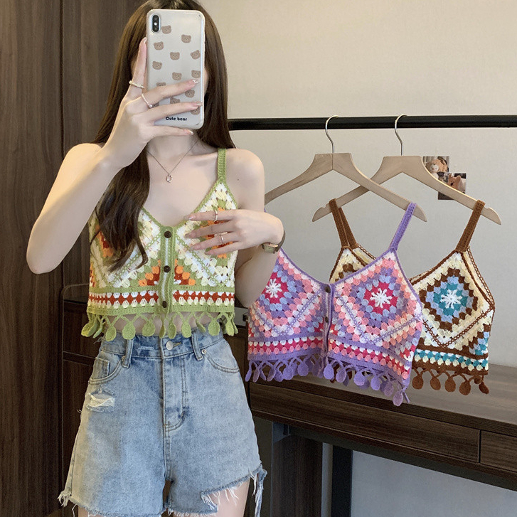 เค ถัก เสื้อชั้นในสตรี ผู้หญิงฤดูร้อนรูปแบบใหม่โครเชต์เสื้อกั๊กกลวงริมทะเลวันหยุดสไตล์แขนกุดด้านบน