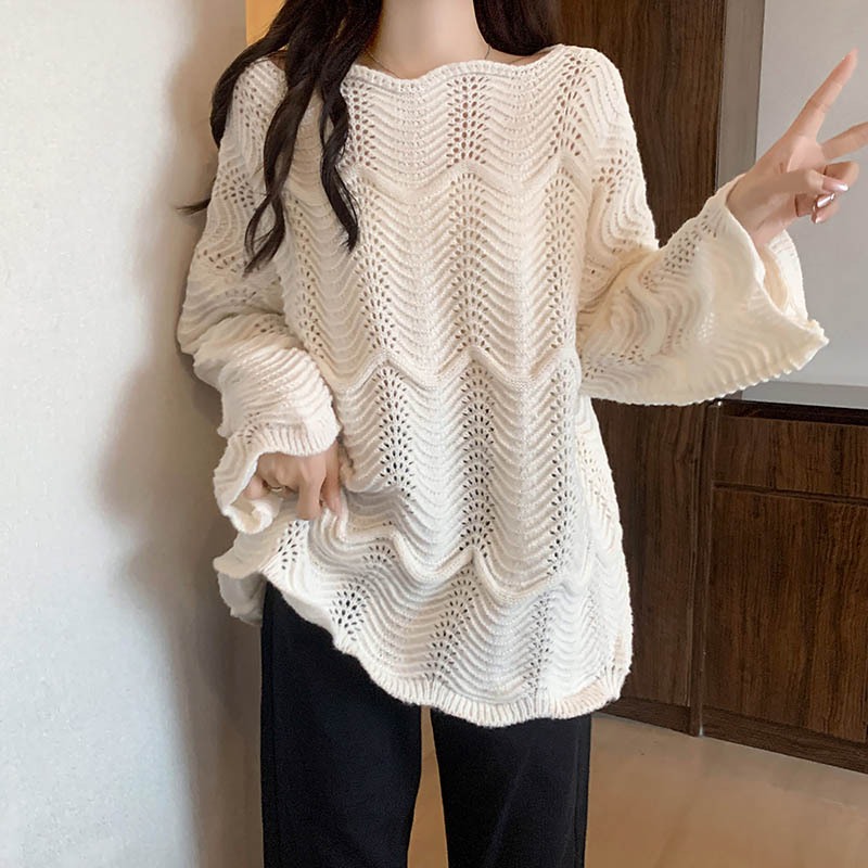 เสื้อกันหนาวแขนยาว เปิดไหล่ ทรงหลวม แต่งลูกไม้ แต่งรูกลวง แฟชั่นฤดูใบไม้ร่วง สไตล์เกาหลี สําหรับผู้หญิง - รูปที่ 3