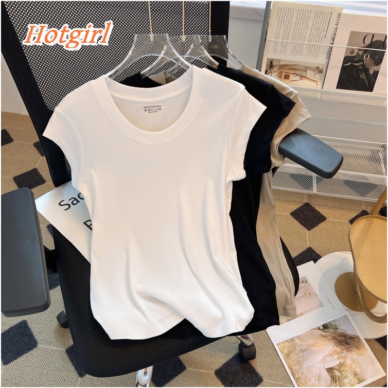 Hotgirl พร้อมส่ง✨เสื้อแฟชั่น เสื้อยืดผู้หญิง แขนสั้นสไตล์เกาหลี น่ารัก เบสิก สีพื้น  (สีขาว /สีกากี/ สีดำ) ทรงสลิมฟิตอินเทรนด์