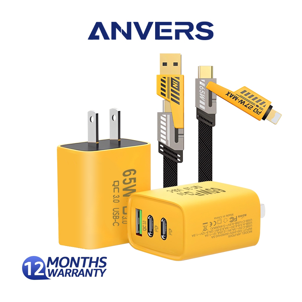 สายชาร์จ 4IN1 หัวชาร์จเร็ว 65W 1USB 2PD ถอดหัวได้ เส้นเดียวจบ 1M/1.5M/2M สําหรับ