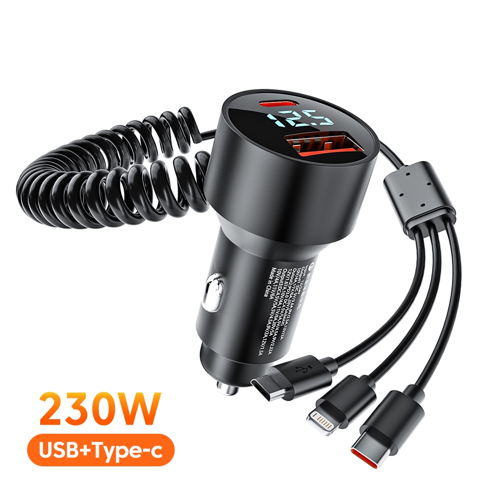 Elough 215W/230W ที่ชาร์จแบตในรถ 3 in 1 สายสปริงแบบพับเก็บได้สีดํา Micro USB Type C รถอะแดปเตอร์ชาร์จโทรศัพท์สายไฟ