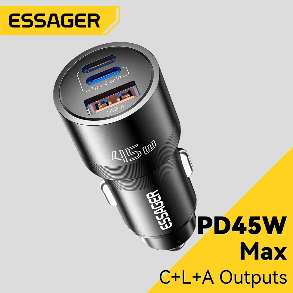 Essager PD 45W USB+Type-C+L ที่ชาร์จแบตในรถแบบชาร์จเร็ว แรงดันไฟฟ้าอินพุต 12-24V