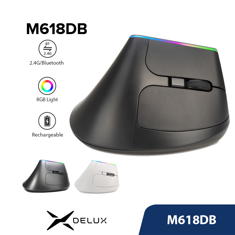 Delux M618DB เงียบปุ่มเมาส์ไร้สาย BT 4.0 + 2.4GHz Dongle Ergonomic ชาร์จแนวตั้งเม้าส์สําหรับ PC