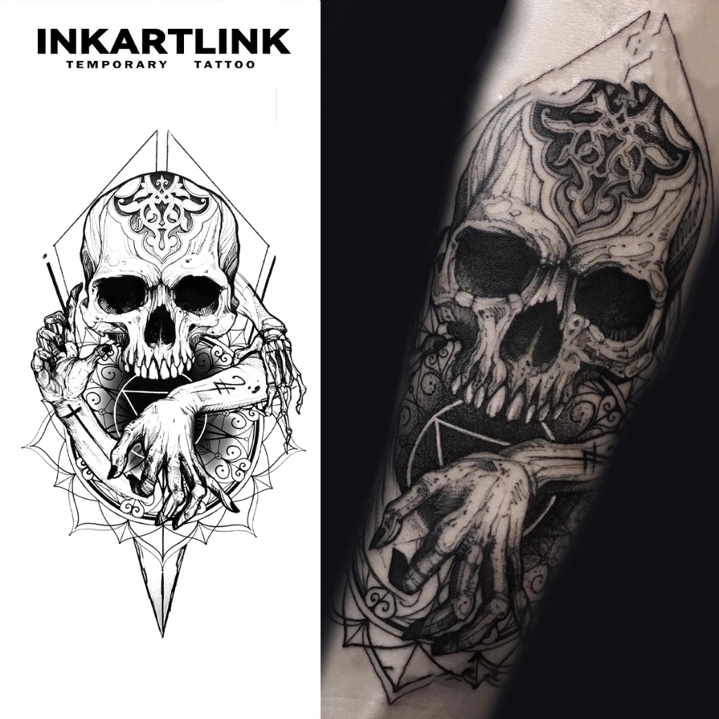 Inkartlink รอยสักวิเศษ กันน้ํา กึ่งถาวร ติดทนนาน ชั่วคราว สติ๊กเกอร์รอยสักปลอมมินิมอล สักกะโหลก รอยสักกระดูก รอยสักเฮนน่า รอยสักแขน รอยสักปาร์ตี้ ศิล