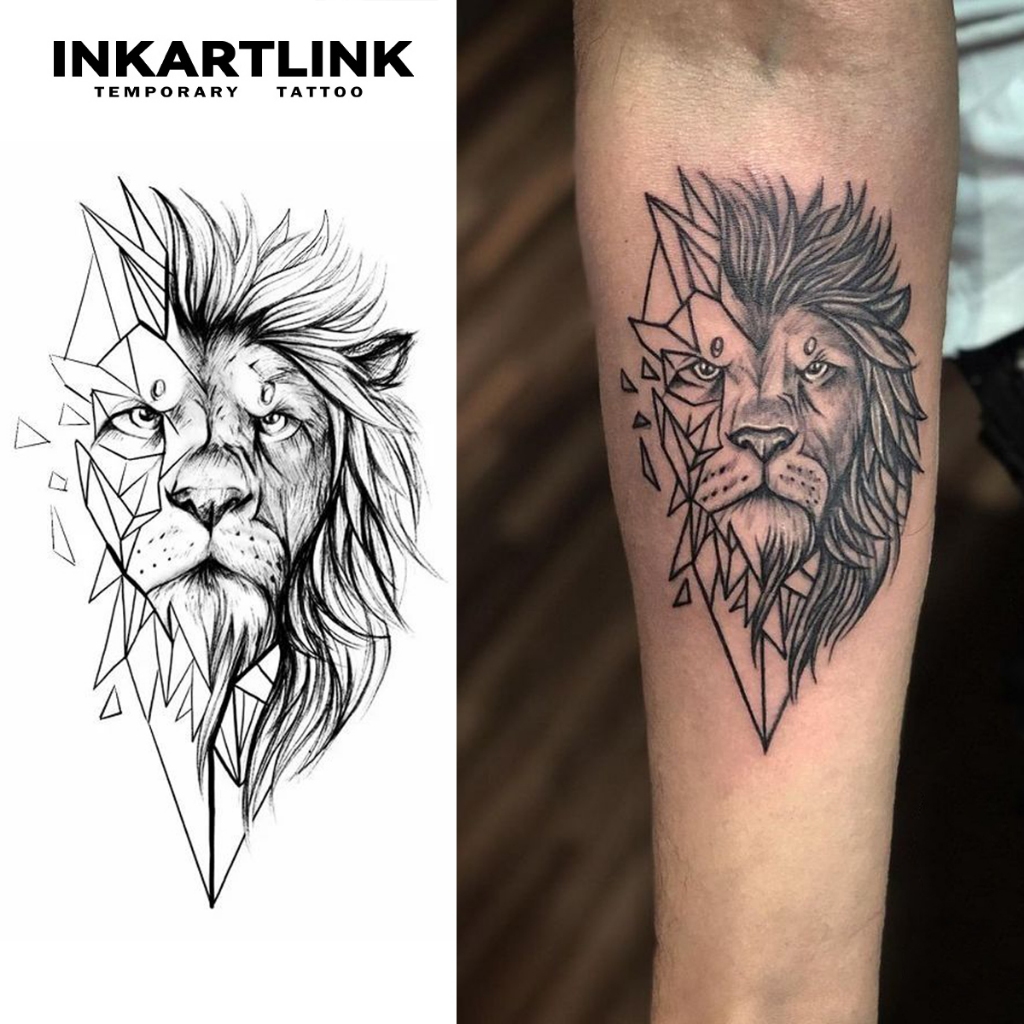 Inkartlink Magic Tattoo กันน้ํา กึ่งถาวร ติดทนนาน ชั่วคราว สติ๊กเกอร์รอยสักปลอมสไตล์มินิมอล รอยสักสิงโต รอยสักปาร์ตี้ รอยสักศิลปะ 8 ซม.14 ซม.