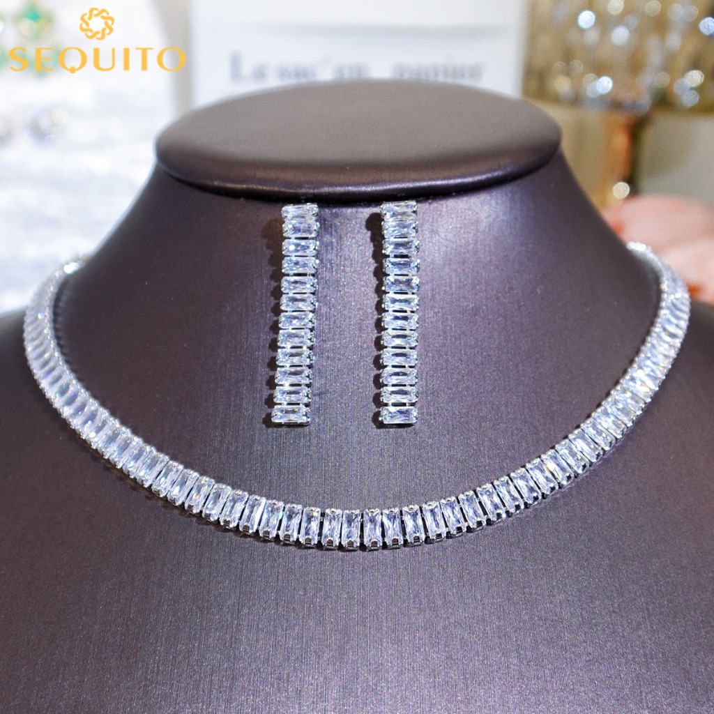 Sequito คุณภาพสูงสีขาว AAAAA Cubic Zircon Baguette ตัดเงินชุบผู้หญิง Choker สร้อยคอ Drop ต่างหูชุดสําหรับอาหารค่ําชุดเครื่องประดับ JS255