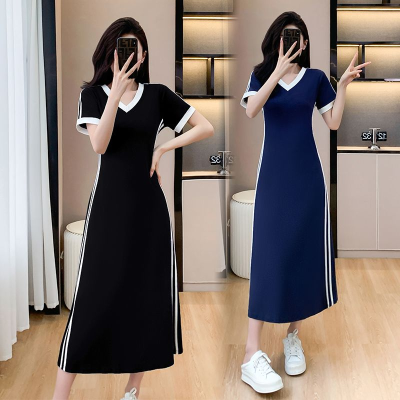 สีขาวลายฤดูร้อนแฟชั่นชุดสตรีกลางครึ่งแขนสั้น V คอชุดมุสลิม Causal สาว Slim Shift เสื้อชุดแน่นเอว A-Line #601