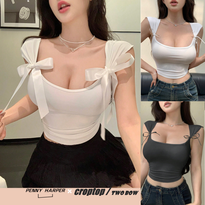 【PENNY HARPER】 เสื้อกั๊กสีทึบแขนกุดตัดต่ําคอเหลี่ยมเซ็กซี่ Slim-fit Top เสื้อยืดแขนสั้น