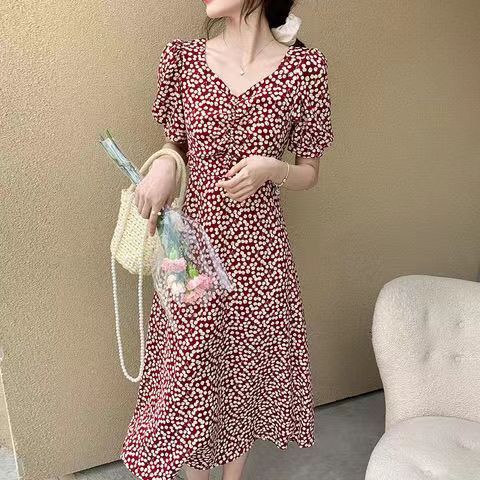 ชุดดอกไม้สดใสผู้หญิงฤดูร้อนสไตล์ใหม่ Careful Backless Waistless Slimmer ดูกระโปรงชีฟองยาวปานกลาง