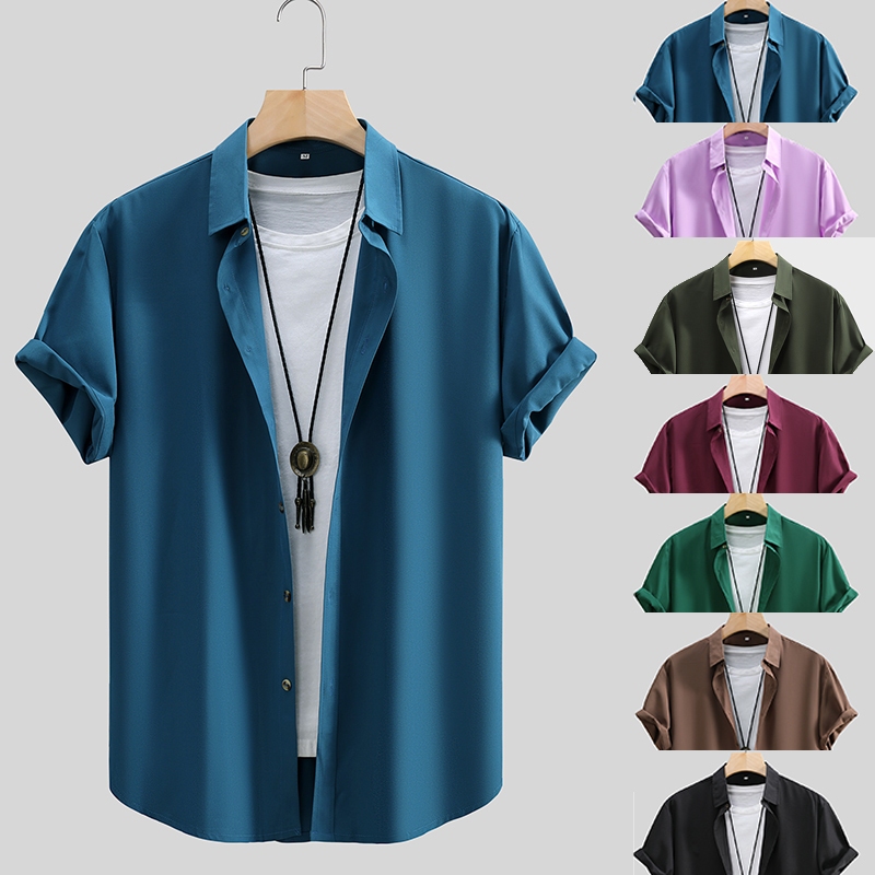 เสื้อผู้ชายแขนสั้น สีแดงเข้ม สีทึบ สไตล์ธุรกิจลําลอง เหมาะสําหรับฤดูร้อน