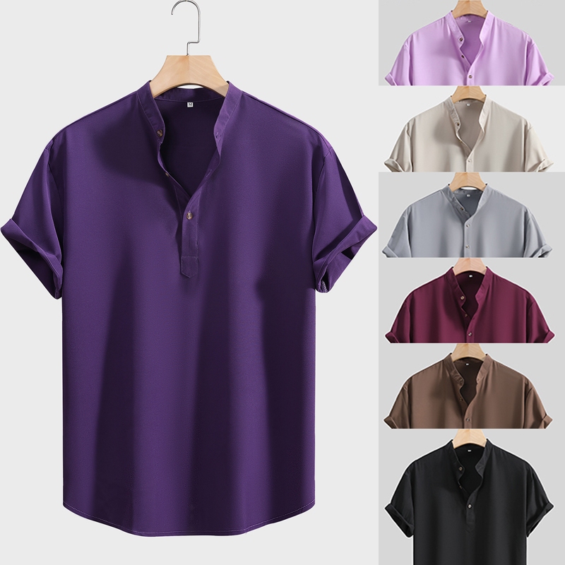 เสื้อโปโลผู้ชายแขนสั้น สีทึบ ยืนคอ ธุรกิจ ลําลอง ฤดูร้อน สีเขียวใหม่