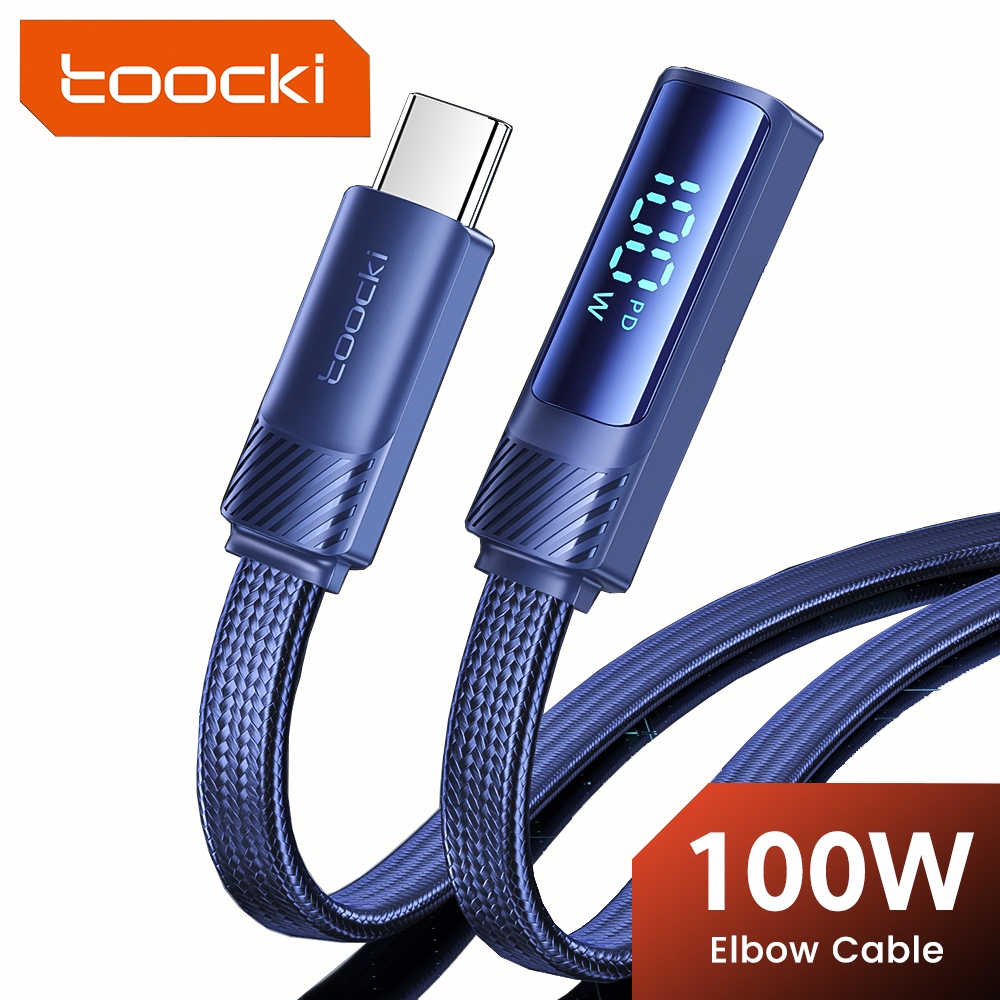 Toocki 100W Type C ถึง Type C สายชาร์จเร็ว 90 องศาข้อศอกออกแบบสายสําหรับเล่นเกม USB Type C จอแสดงผลดิจิตอลโปร่งใสข้อมูลลวด