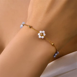 แฟชั่นเกาหลีสร้อยคอดอกไม้มุก Choker สร้อยคอชุบทอง 18k สร้อยข้อมือชุดเครื่องประดับ