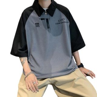 BeCoolMan🍃สไตล์อเมริกัน ซิปครึ่ง เสื้อโปโล แขนสั้นชาย ฤดูร้อ…