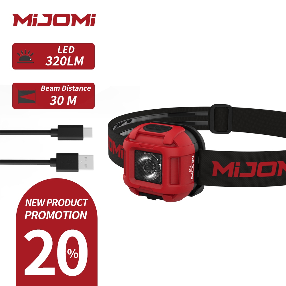 Mijomi Mini LED ไฟหน้า H10 น้ําหนักเบา Type-C ไฟหน้าแบบชาร์จไฟได้ 320 ลูเมน 3 โหมดแสงโคมไฟหัวปรับสําหรับกลางแจ้ง