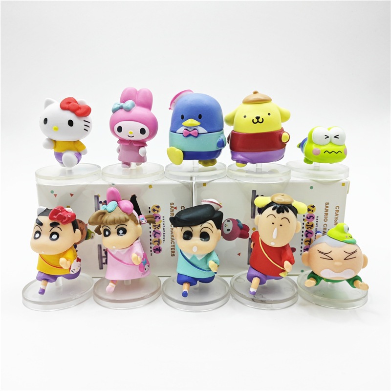 10 ชิ้น/เซ็ตอะนิเมะ Crayon Shin-chan Nohara Shinnosuke Sakurada Nene Kazama Toru My Melody Kuromi Hello Kitty Pom Pom Purin PVC Action Figures ตุ๊กตาของเล่น