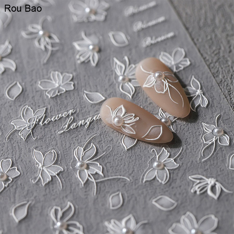 Rou Bao TL-105 5D เล็บนูนสติกเกอร์ดอกไม้สีขาวกลีบมุก Girly บางโปร่งใสกลับกาวเล็บตกแต่งศิลปะ