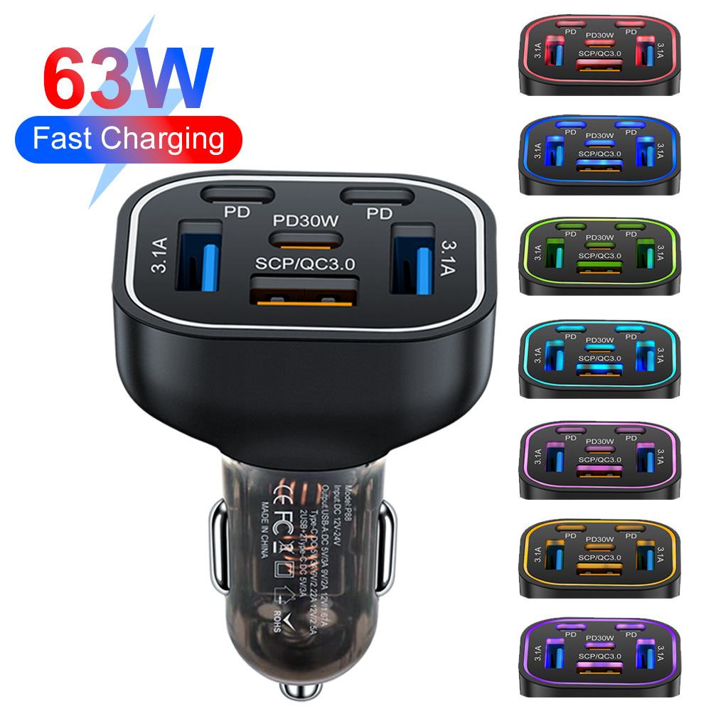 63w 6 พอร์ต Car Charger Fast Charging PD QC3.0 USB C รถชาร์จโทรศัพท์ Type C อะแดปเตอร์ในรถยนต์สําหรั