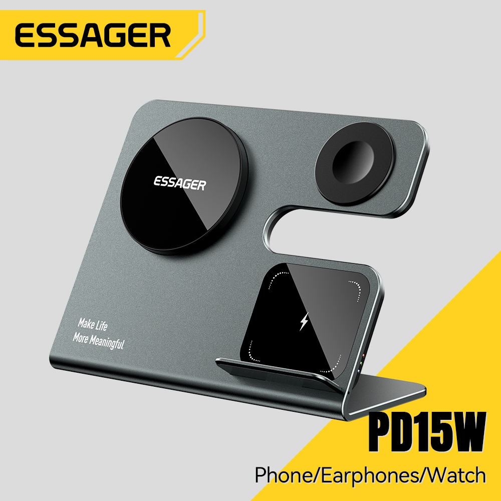 Essager PD15W เครื่องชาร์จไร้สายเดสก์ท็อปอลูมิเนียมอัลลอยด์ 3-in-1 เข้ากันได้กับ 15W, 10W, 7.5W