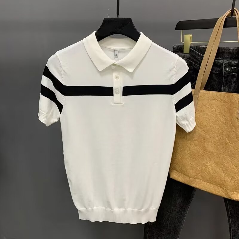 ฤดูร้อนแฟชั่นสบายๆครึ่งแขนเสื้อผู้ชายหรูหรา High-End Sense Slim-fit ลายครึ่งแขนเสื้อโปโลผู้ชายอินเทรนด์ All-Match