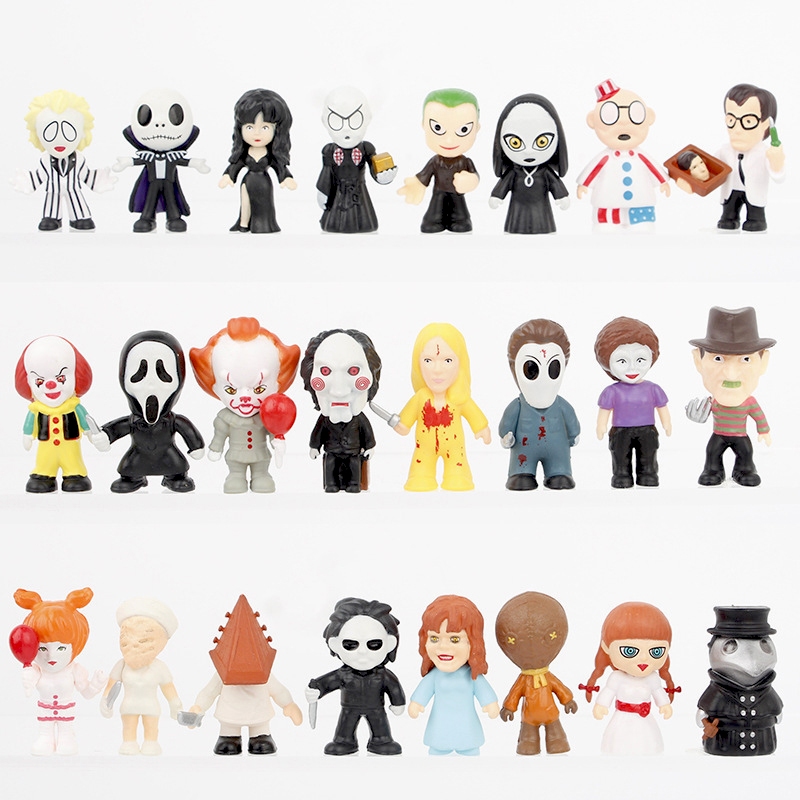 24 ชิ้น/เซ็ต 5 ซม.Gothic ภาพยนตร์สยองขวัญรูป Friday the 13th Jason Jack Skellington It Clown หมอ Schnabel รุ่น Q PVC ตัวเลขการกระทําตุ๊กตาของเล่น