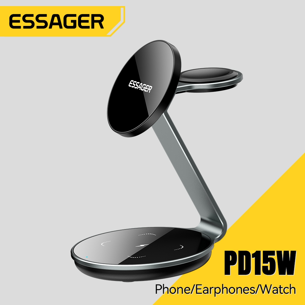 Essager 15W 3-in-1 อลูมิเนียมเดสก์ท็อปแม่เหล็กชาร์จไร้สาย พับได้สําหรับจัดเก็บข้อมูลเข้ากันได้กับ 15W, 10W, 7.5W