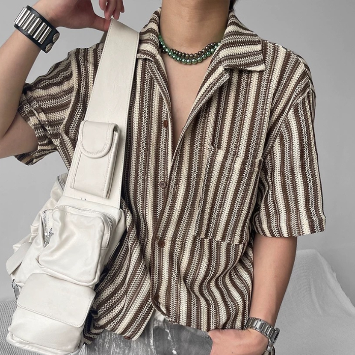 เสื้อเชิ้ตแขนสั้นลายเกาหลีผู้ชายฤดูร้อนถักลําลองหล่อทุกการแข่งขันหลวมน้ําแบรนด์ปกออกแบบเสื้อนิช