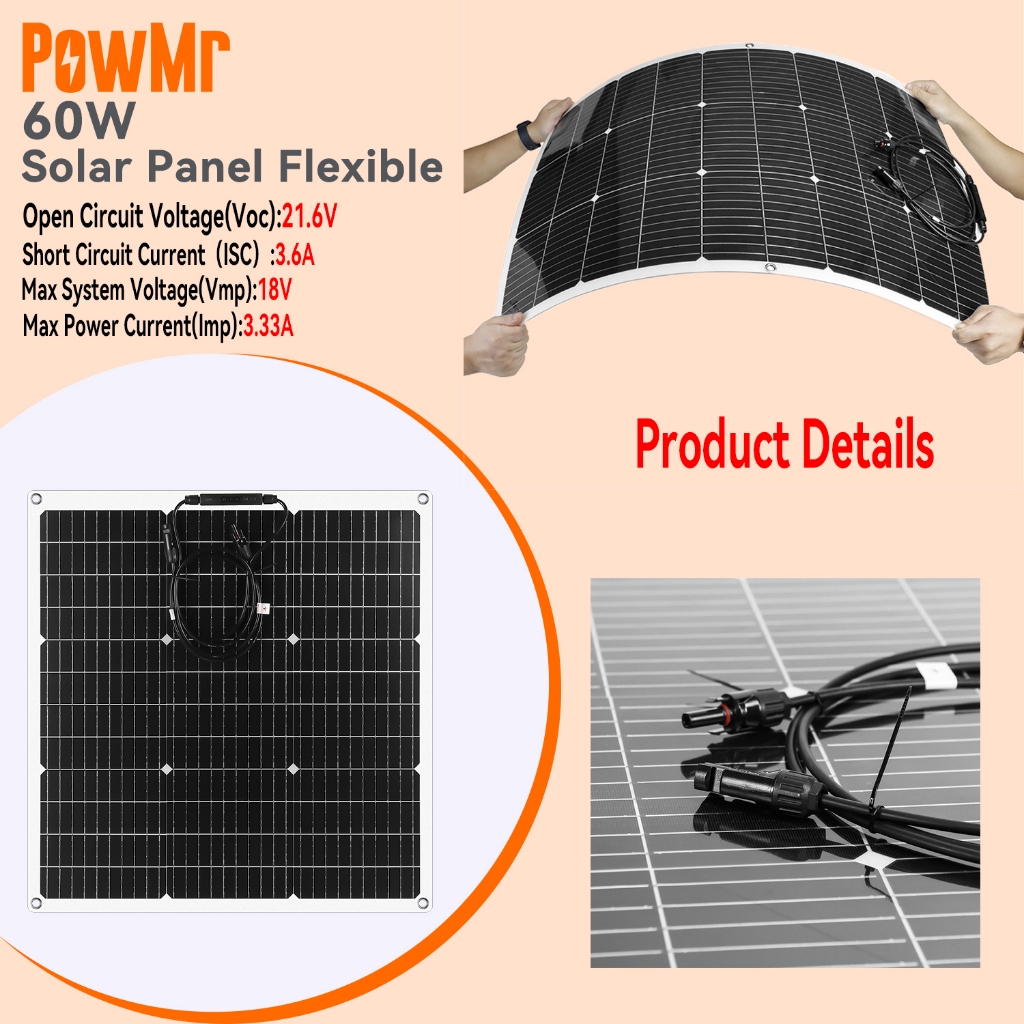 【ร้านค้าอย่างเป็นทางการ】PowMr 60W แผงโซลาร์เซลล์ Monocrystalline Silicon แบบยืดหยุ่น Monocrystalline Solar Cell DIY สายเคเบิลกลางแจ้งรถ RV ระบบไฟฟ้าแบบชาร์จไฟกันน้ํา