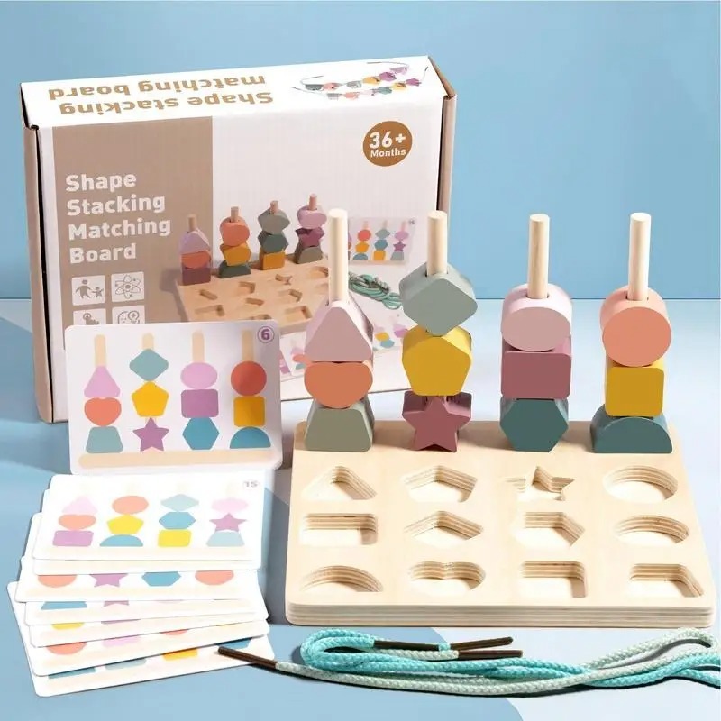 เด็กสีรูปร่างจับคู่ของเล่น Montessori ปริศนาไม้เกม Fine Motor Skills การฝึกอบรม Lacing เกมลูกปัดของเล่นเพื่อการศึกษา