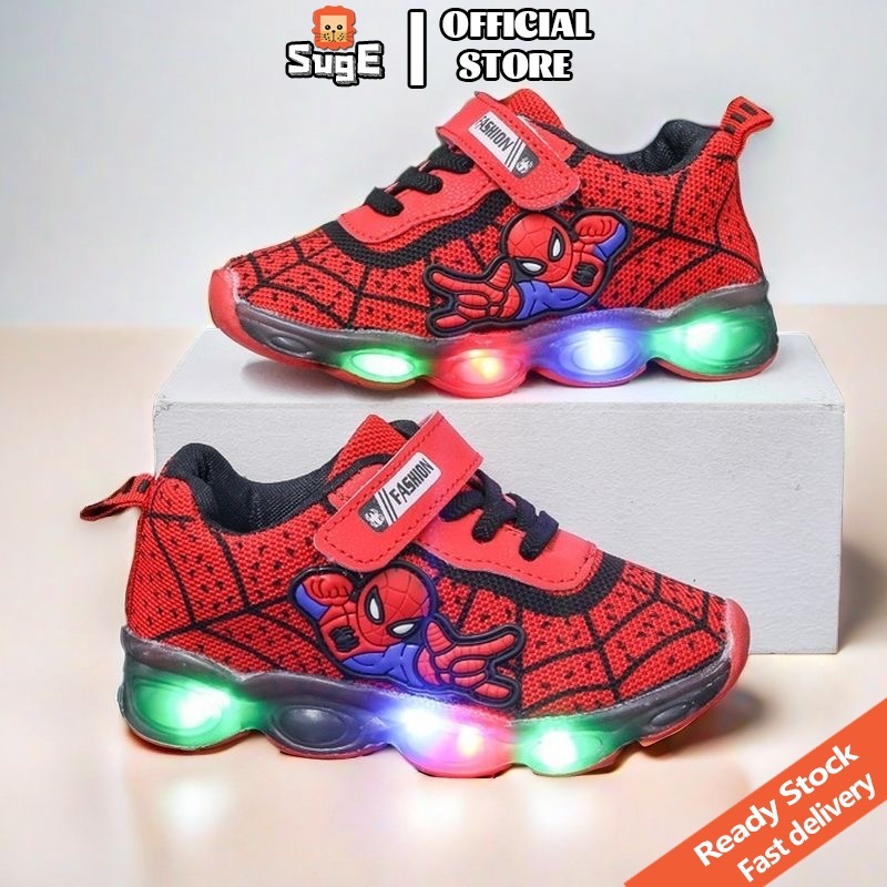 SUGE รองเท้าเด็กมีไฟ กระพริบ สไปเดอร์แมน รองเท้าผ้าใบเด็กผู้ชาย Size 21-36