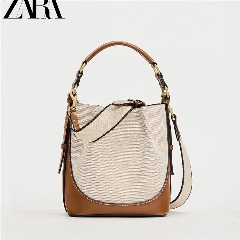 ZARA กระเป๋าทรงถังผู้หญิง ซาร่า แฟชั่นความจุขนาดใหญ่สายสะพายไหล่กว้างกระเป๋าสะพายข้างไหล่เดียว