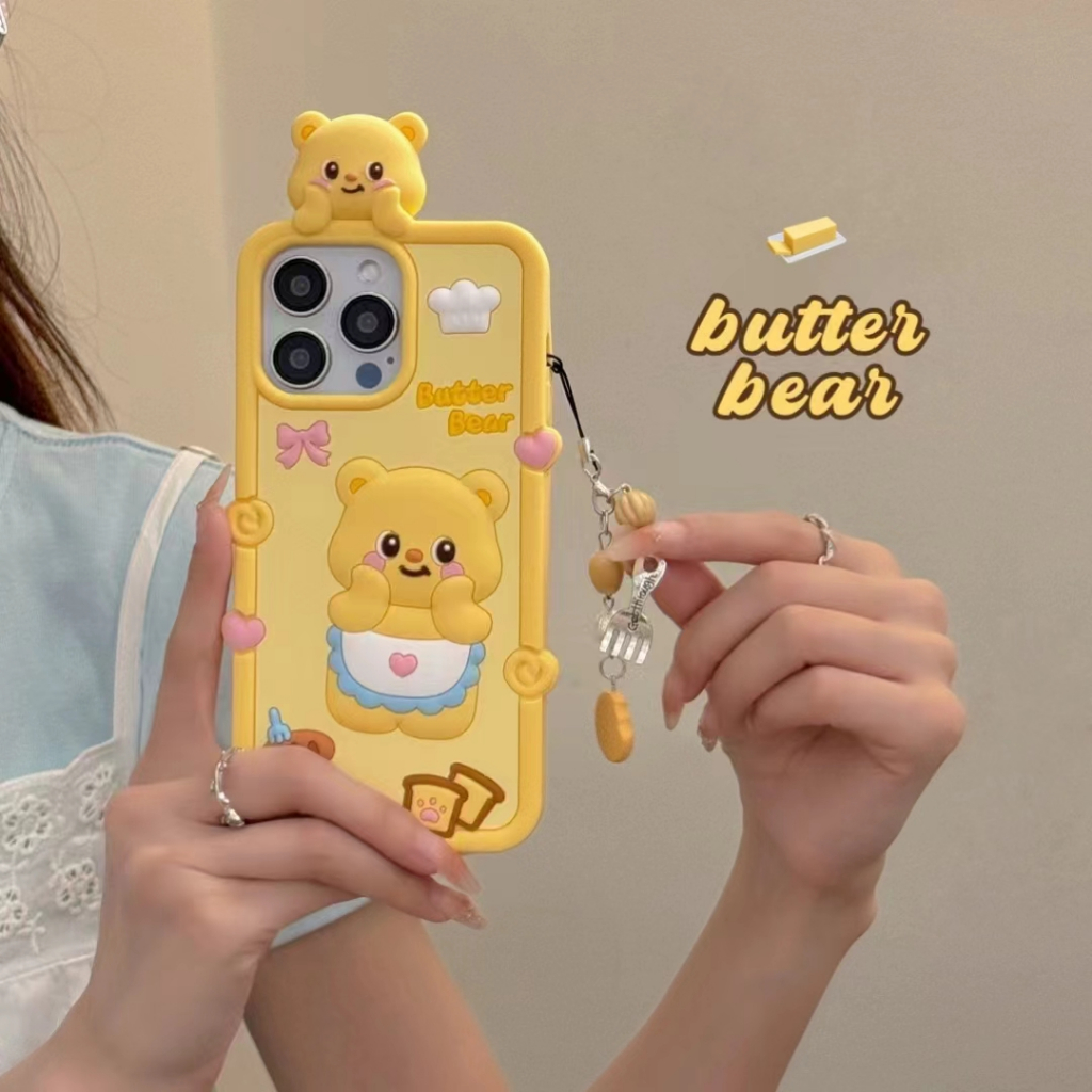 การ์ตูนการ์ตูนสามมิติหมีเนย iPhone15 14 13 12 11 Pro MAX เคสโทรศัพท์น่ารักหมีเนยซิลิโคนรวมทุกอย่างเคสนิ่ม