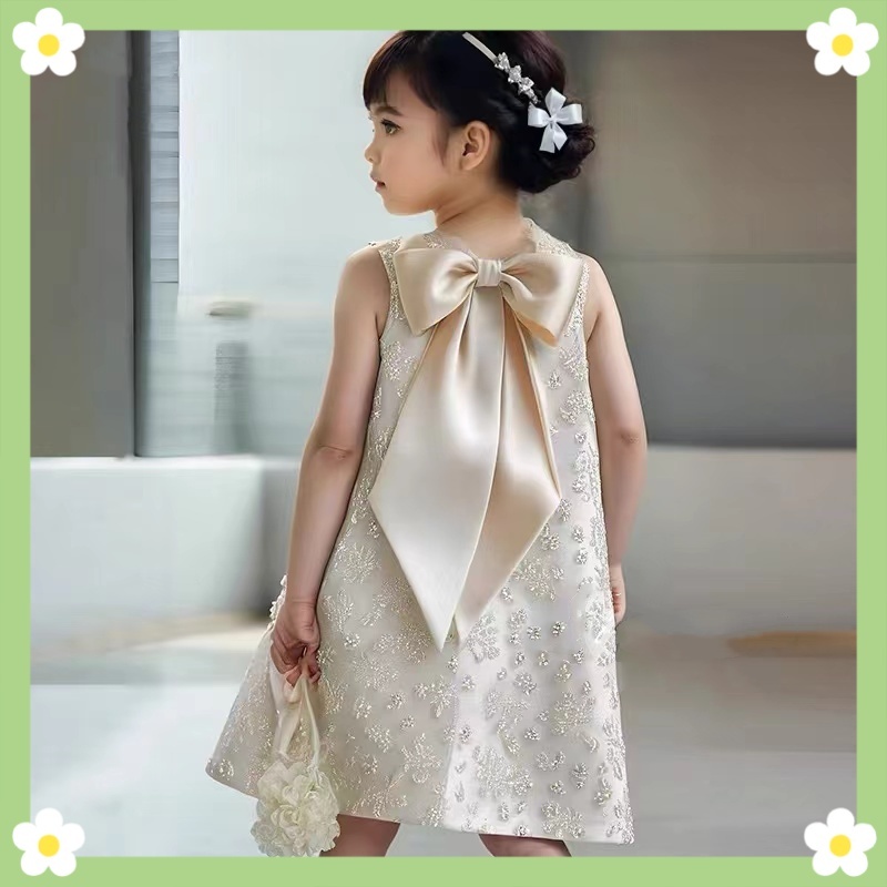 ใหม่เกาหลีชุดเด็กผู้หญิงสีขาวเดซี่แขนกุดยาว, สาวดอกไม้ชุดโบว์