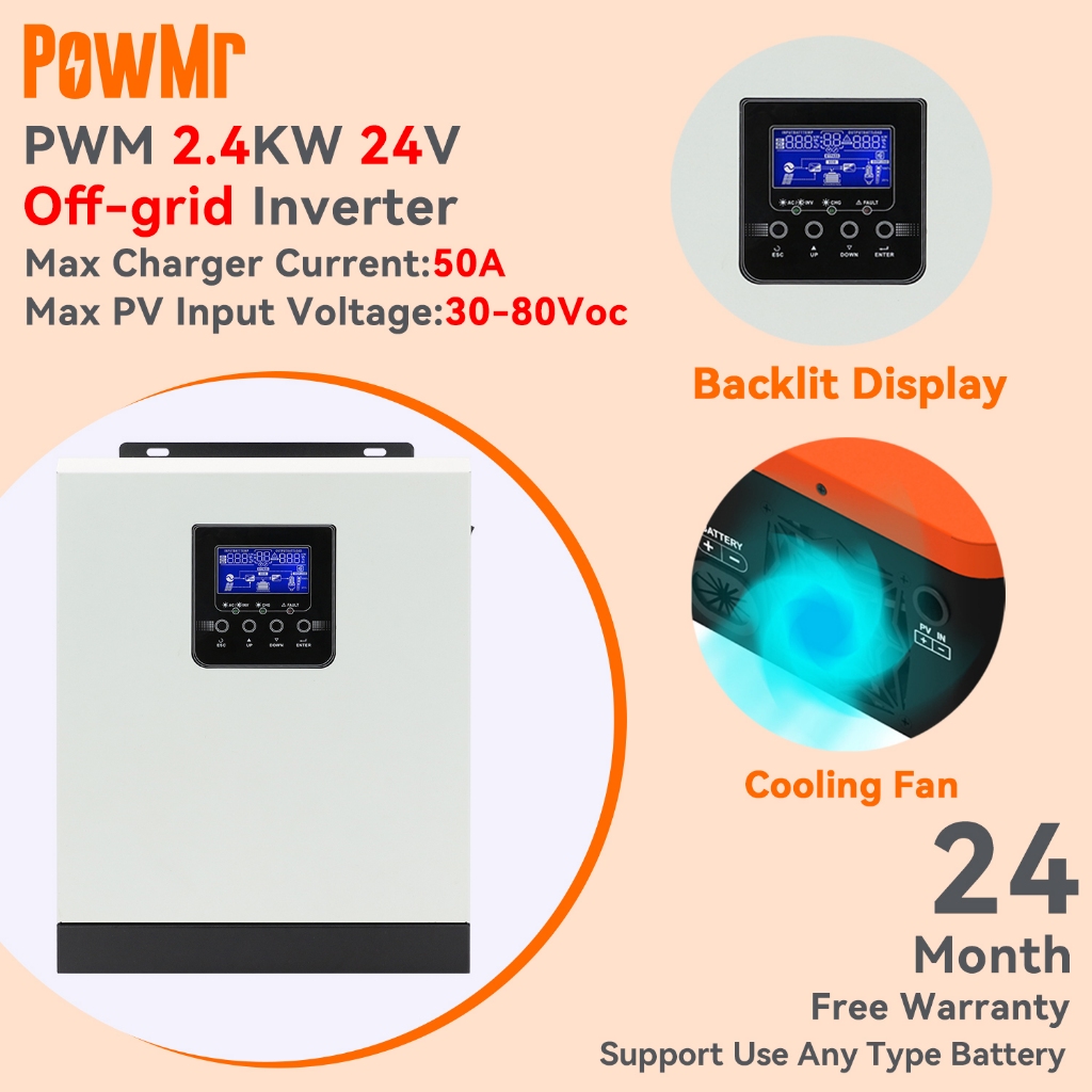 PowMr 3000VA 2400W อินเวอร์เตอร์พลังงานแสงอาทิตย์ 24VDC 220VAC อินเวอร์เตอร์ไฮบริด Max Pv อินพุต 30-
