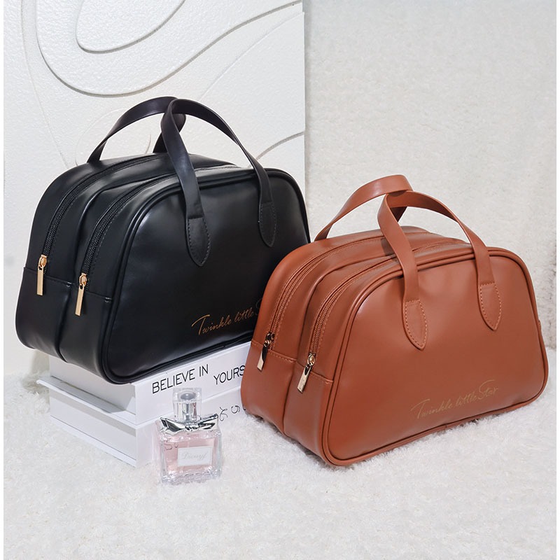 กระเป๋าเครื่องสําอาง หนัง PU สองชั้น ความจุขนาดใหญ่ กันน้ํา อเนกประสงค์ สําหรับบ้าน ออฟฟิศ - รูปที่ 4