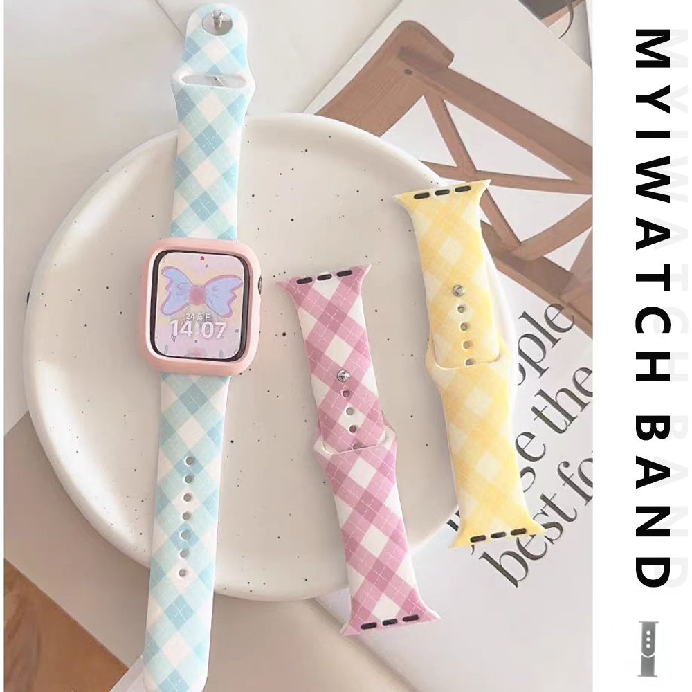 Ins เกาหลี Checkered Soft สายรัดซิลิโคนสําหรับ iWatch Series Ultra 9 8 7 6 SE 5 4 3 2 1 สายรัดข้อมือกีฬาสําหรับ iWatch 49 มม.44 มม.45 มม.41 มม.40 มม.38 มม.42 มม.