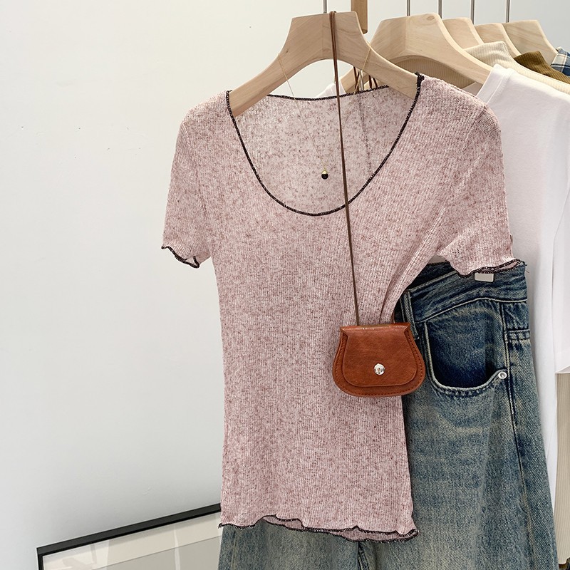 75596 เสื้อยืดแขนสั้นคอวีสีตัดกันน้ําหนักเบาทรงสลิมฟิต