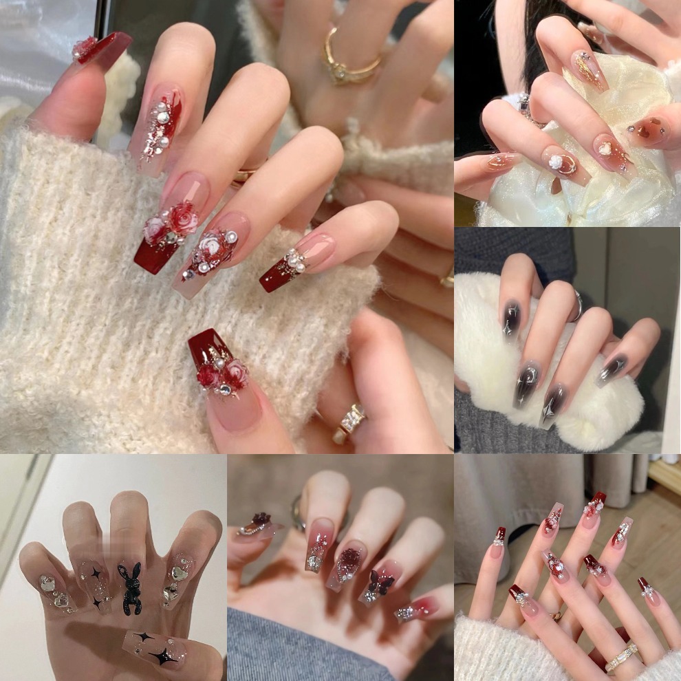 เล็บปลอมมีหินและโบว์ติดกาว ชุดเล็บปลอมเจ้าสาวสวยหรู 24 ชิ้น เล็บยาวปลายแหลม กล่องเล็บ เล็บสวย