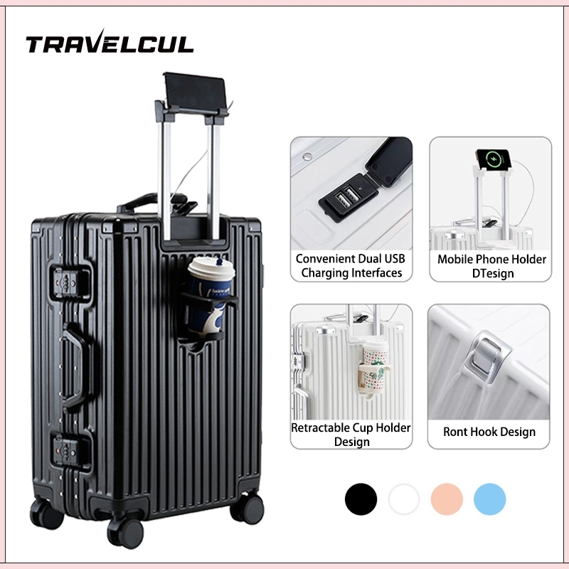 【สต็อกไทยพร้อมส่ง】TRAVELCUL กระเป๋าล้อลาก ตะขอด้านหน้า + ที่ใส่โทรศัพท์มือถือ + ช่องชาร์จ USB + ที่ใส่ถ้วย 20/24 นิ้วกระเป๋าอเนกประสงค์กรอบอลูมิเนียมกรณีพีซีออกแบบป้องกันการชนกันทนทานมากขึ้น